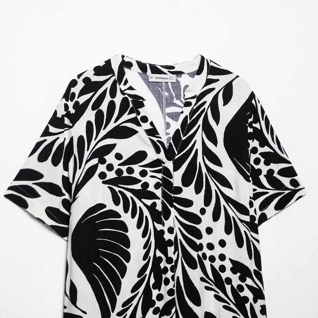 Color blocking printed shirt style short dress for women