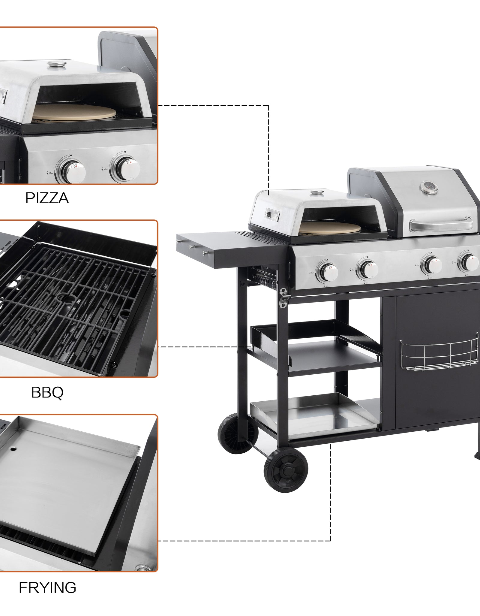2+2 multifunctional gas barbecue grill and covered grill combination for outdoor cooking - barbecue, barbecue, pizza.