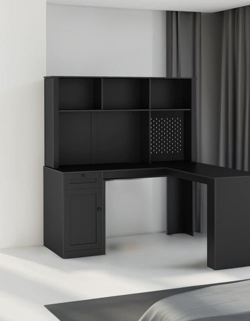 Load image into Gallery viewer, Writing desk with drawer bookshelf and charger, modern L-shaped desk with storage space, corner gaming computer desk

