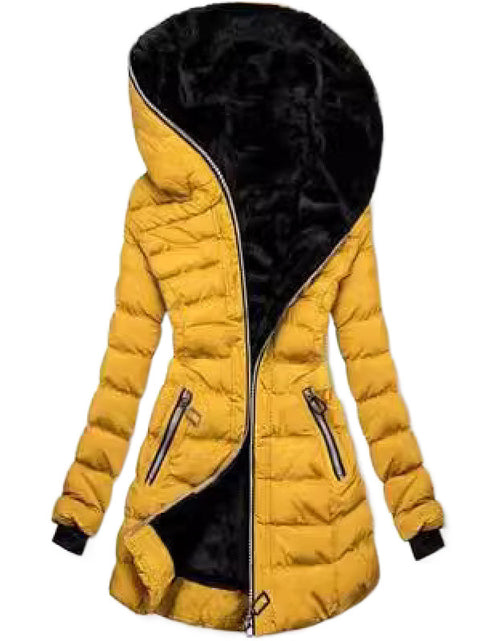 Load image into Gallery viewer, Women&#39;s cotton clothing hooded long sleeved warm and plush cotton clothing winter mid to long zipper jacket
