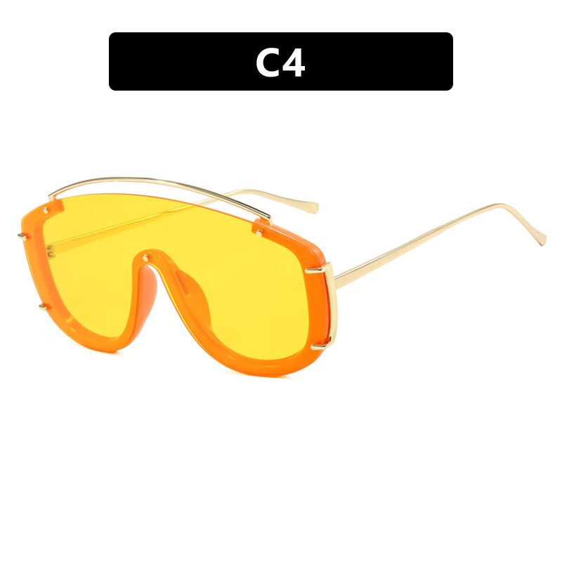Trendy large frame one-piece sunglasses with a metallic high-end feel, Instagram sunglasses with personalized outdoor internet celebrity sunglasses