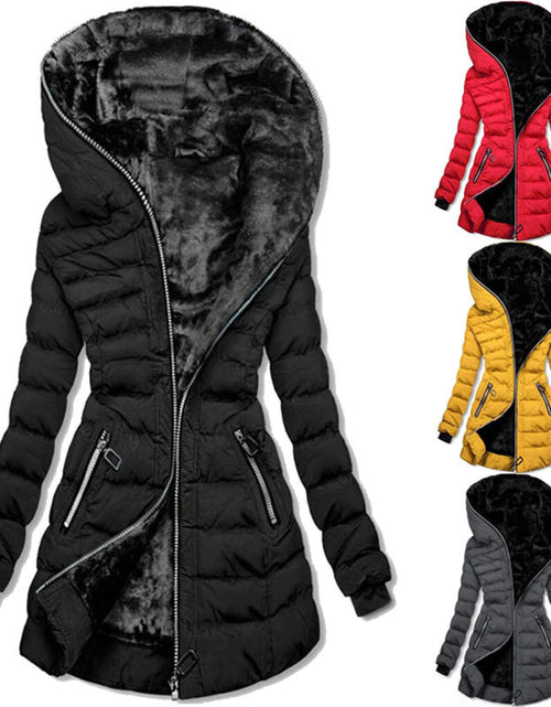 Load image into Gallery viewer, Women&#39;s cotton clothing hooded long sleeved warm and plush cotton clothing winter mid to long zipper jacket
