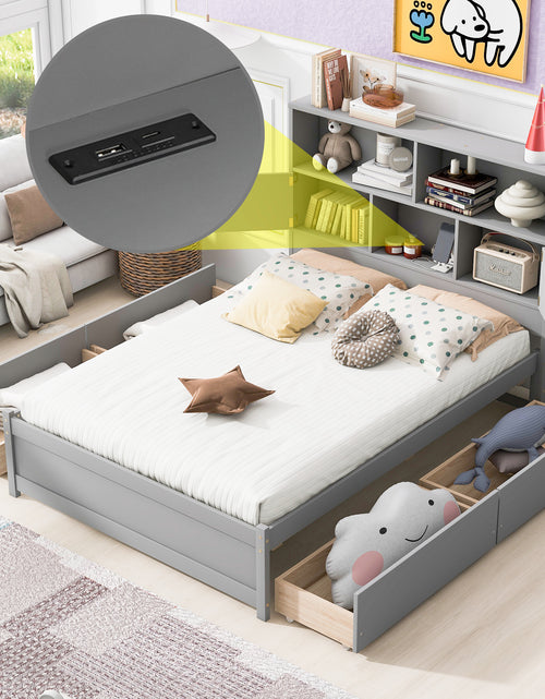 Load image into Gallery viewer, Full Size Platform Bed with Storage Headboard, Charging Station and 4 Drawers, Gray
