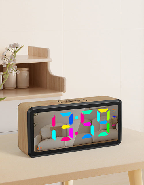 Cargar imagen en el visor de la galería, LED Wood-Grain Wooden Clock, RGB Color-Changing Dimming, Daylight Saving Time &amp; Week Display, Desktop Electronic Alarm Clock
