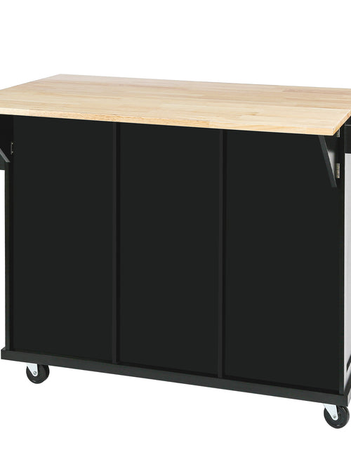 Load image into Gallery viewer, Kitchen trolley with rubber wood leaf countertop, 5-wheel kitchen island, storage cabinet and 3 dining drawers, black
