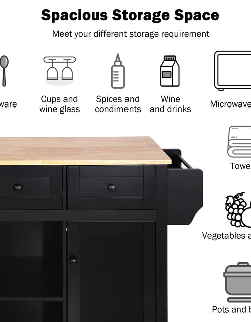 Load image into Gallery viewer, Kitchen trolley with rubber wood leaf countertop, 5-wheel kitchen island, storage cabinet and 3 dining drawers, black
