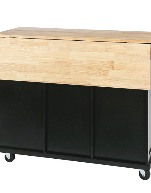 Load image into Gallery viewer, Kitchen trolley with rubber wood leaf countertop, 5-wheel kitchen island, storage cabinet and 3 dining drawers, black
