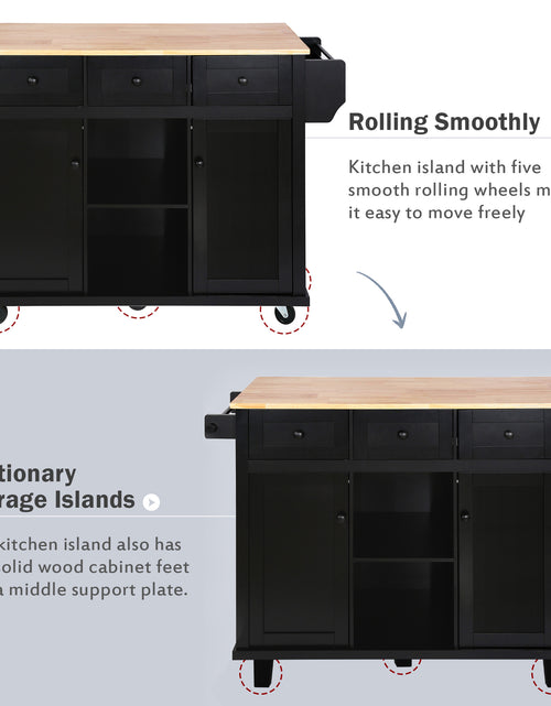 Load image into Gallery viewer, Kitchen trolley with rubber wood leaf countertop, 5-wheel kitchen island, storage cabinet and 3 dining drawers, black
