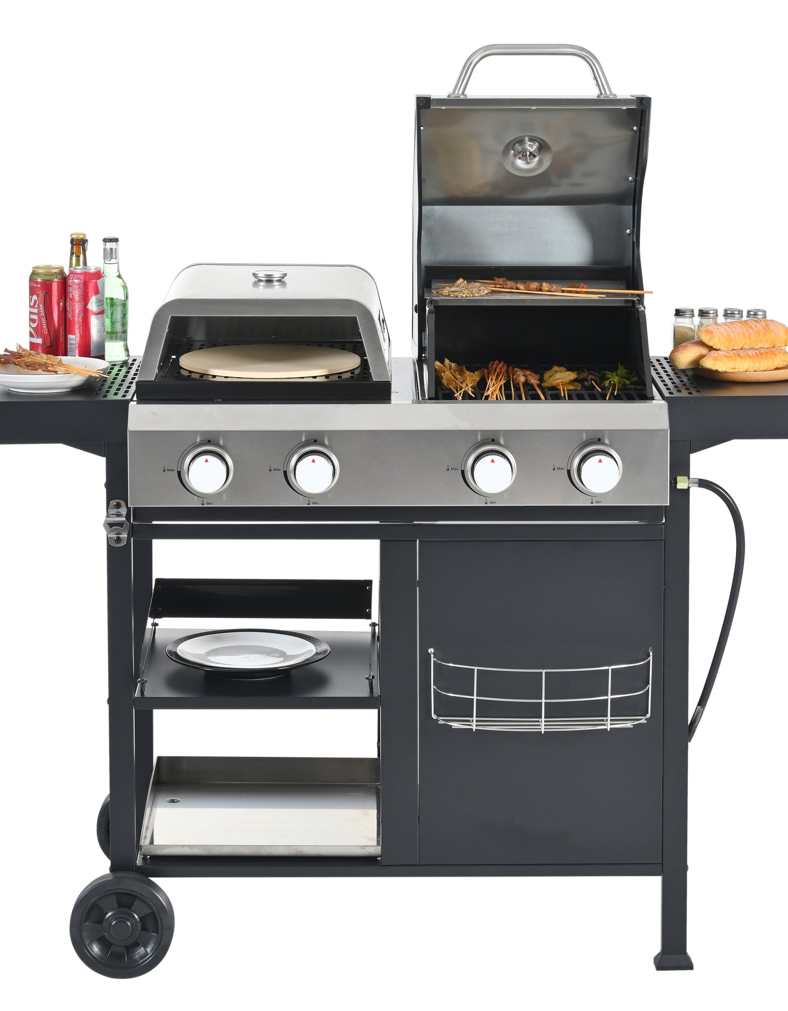 2+2 multifunctional gas barbecue grill and covered grill combination for outdoor cooking - barbecue, barbecue, pizza.