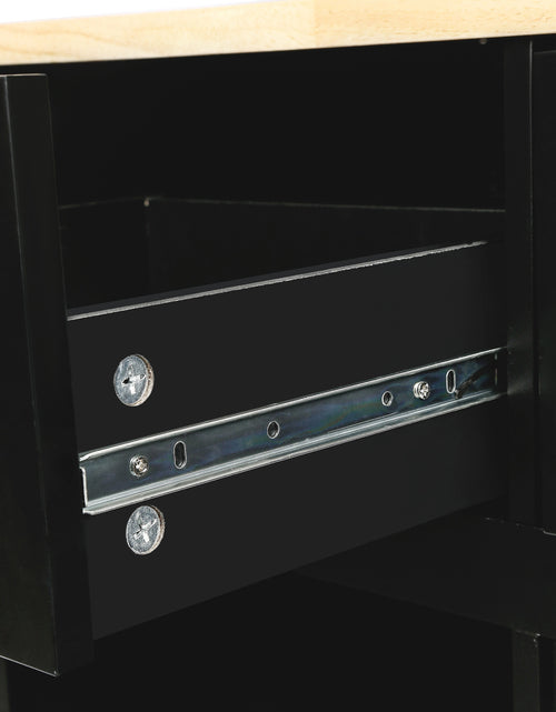 Load image into Gallery viewer, Kitchen trolley with rubber wood leaf countertop, 5-wheel kitchen island, storage cabinet and 3 dining drawers, black
