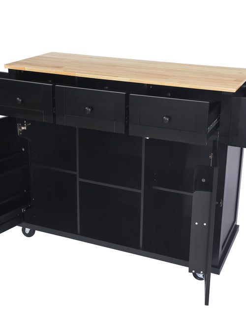 Load image into Gallery viewer, Kitchen trolley with rubber wood leaf countertop, 5-wheel kitchen island, storage cabinet and 3 dining drawers, black
