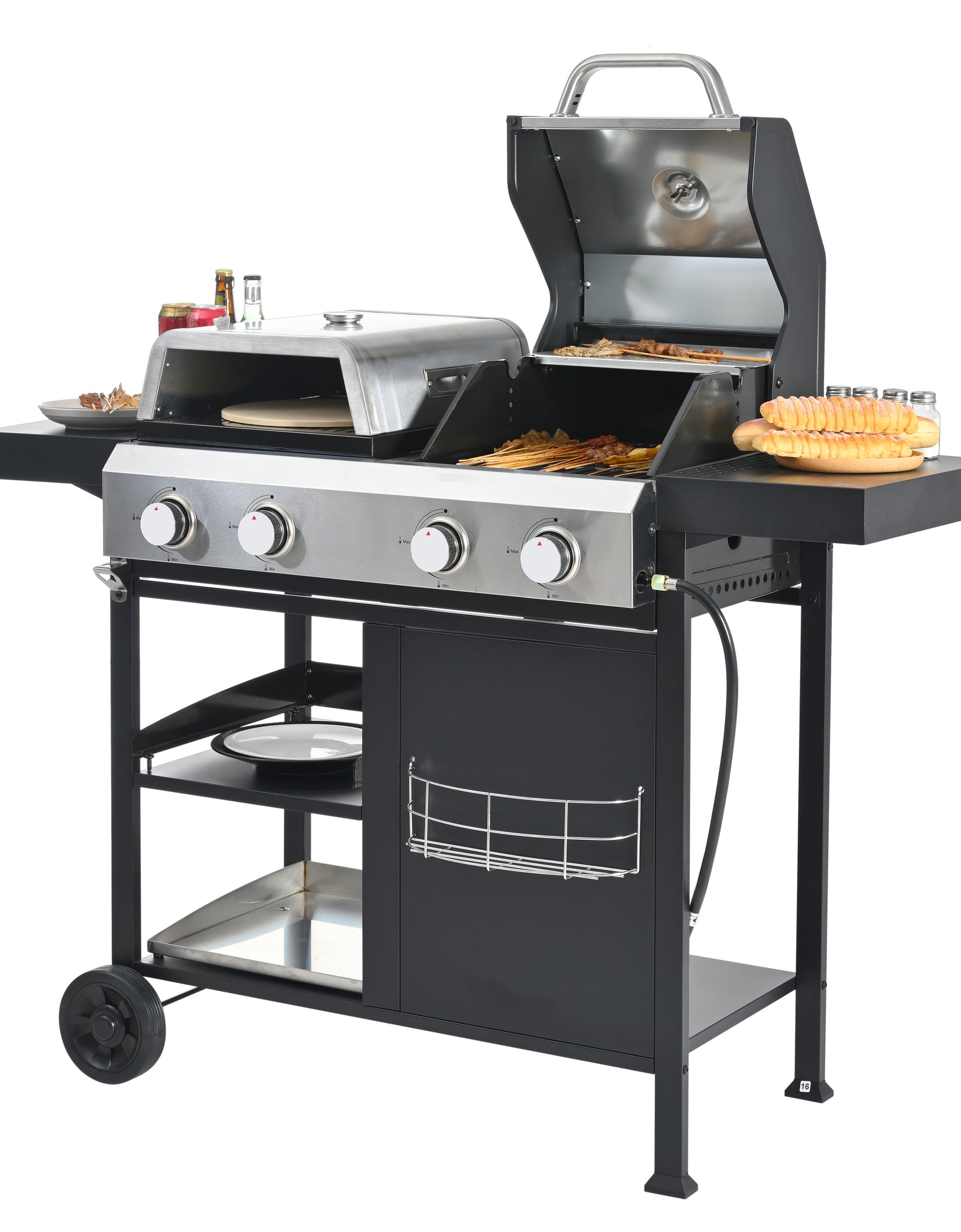 2+2 multifunctional gas barbecue grill and covered grill combination for outdoor cooking - barbecue, barbecue, pizza.
