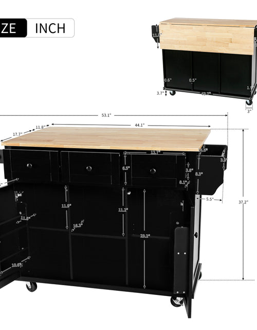 Load image into Gallery viewer, Kitchen trolley with rubber wood leaf countertop, 5-wheel kitchen island, storage cabinet and 3 dining drawers, black
