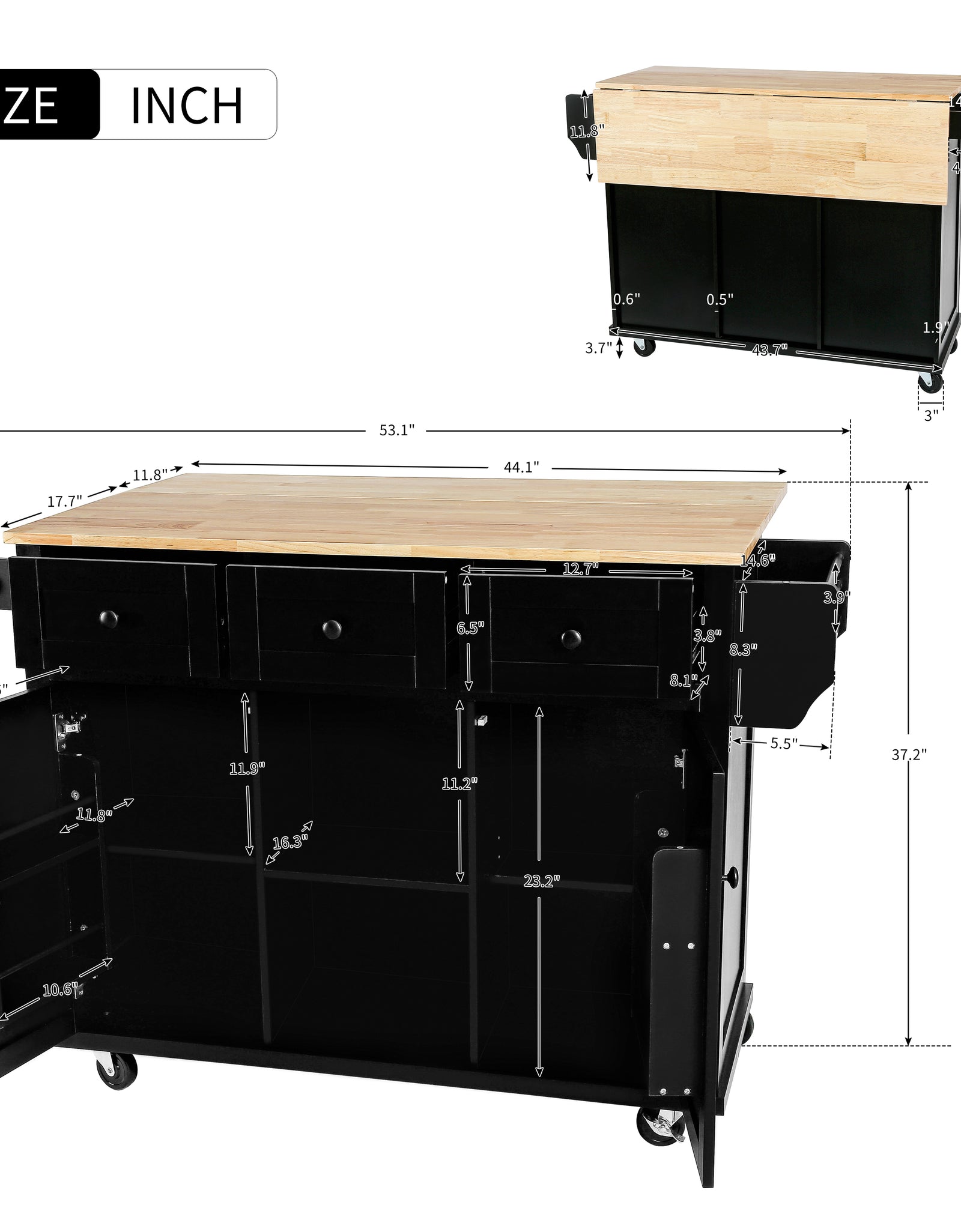 Kitchen trolley with rubber wood leaf countertop, 5-wheel kitchen island, storage cabinet and 3 dining drawers, black