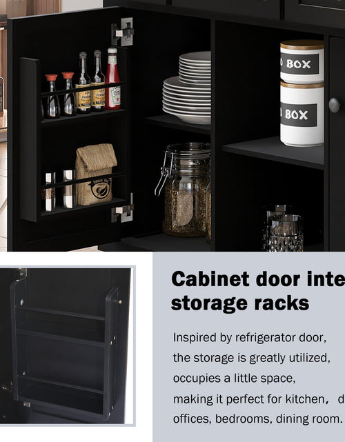 Load image into Gallery viewer, Kitchen trolley with rubber wood leaf countertop, 5-wheel kitchen island, storage cabinet and 3 dining drawers, black
