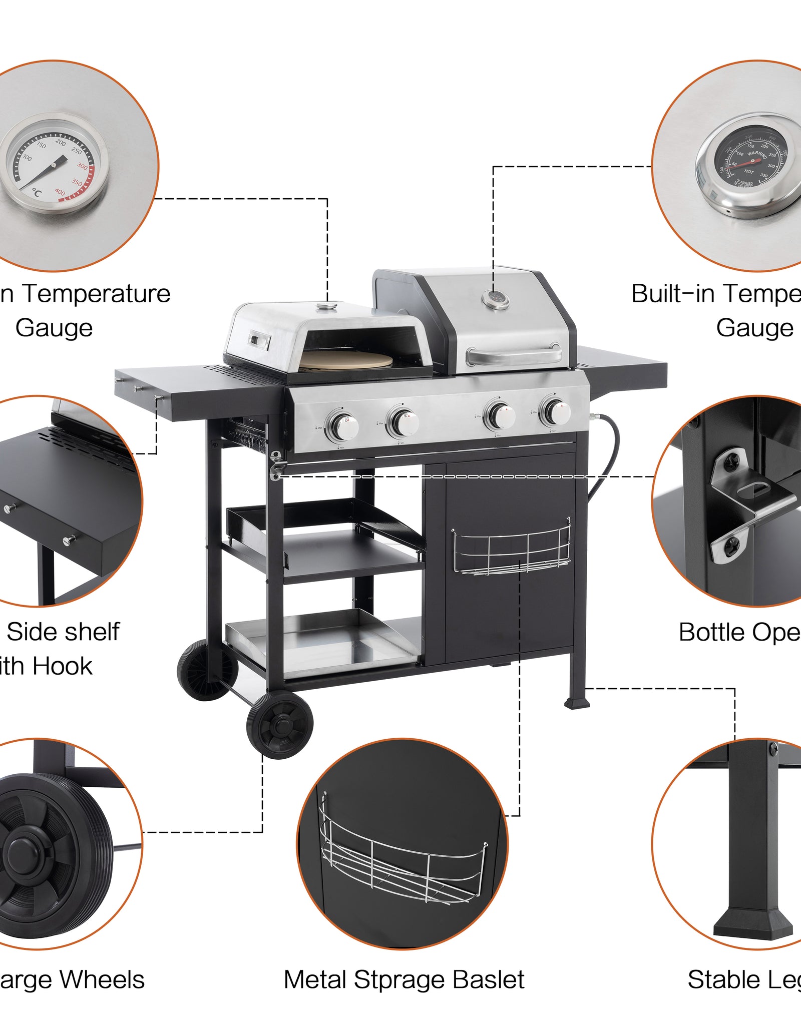 2+2 multifunctional gas barbecue grill and covered grill combination for outdoor cooking - barbecue, barbecue, pizza.