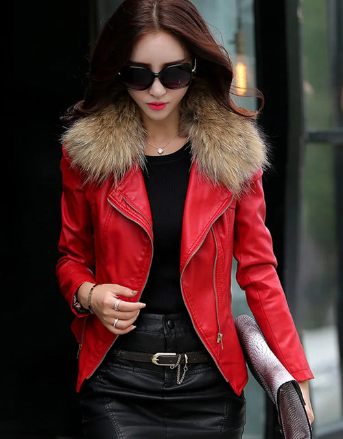 Load image into Gallery viewer, Women Sheep Leather Jacket Biker Coat Spring Autumn Fashion Real Mink Fur Collar Motorcycle Coat Slim Short Outerwear Female
