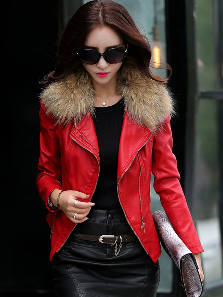 Women Sheep Leather Jacket Biker Coat Spring Autumn Fashion Real Mink Fur Collar Motorcycle Coat Slim Short Outerwear Female