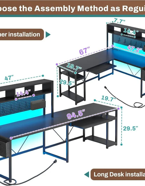 Cargar imagen en el visor de la galería, Escritorio para juegos en forma de L, escritorio reversible para computadora con toma de corriente y tablero perforado, escritorio para juegos con luces LED
