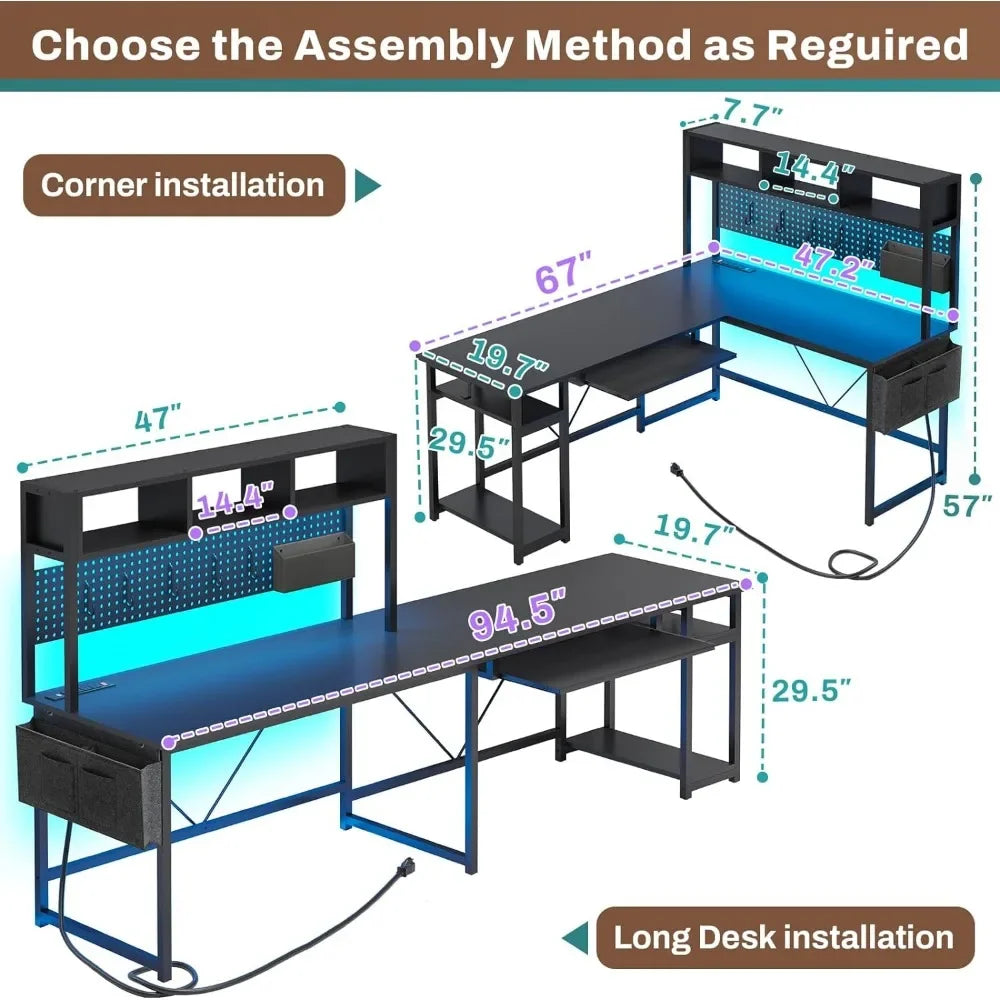 Escritorio para juegos en forma de L, escritorio reversible para computadora con toma de corriente y tablero perforado, escritorio para juegos con luces LED
