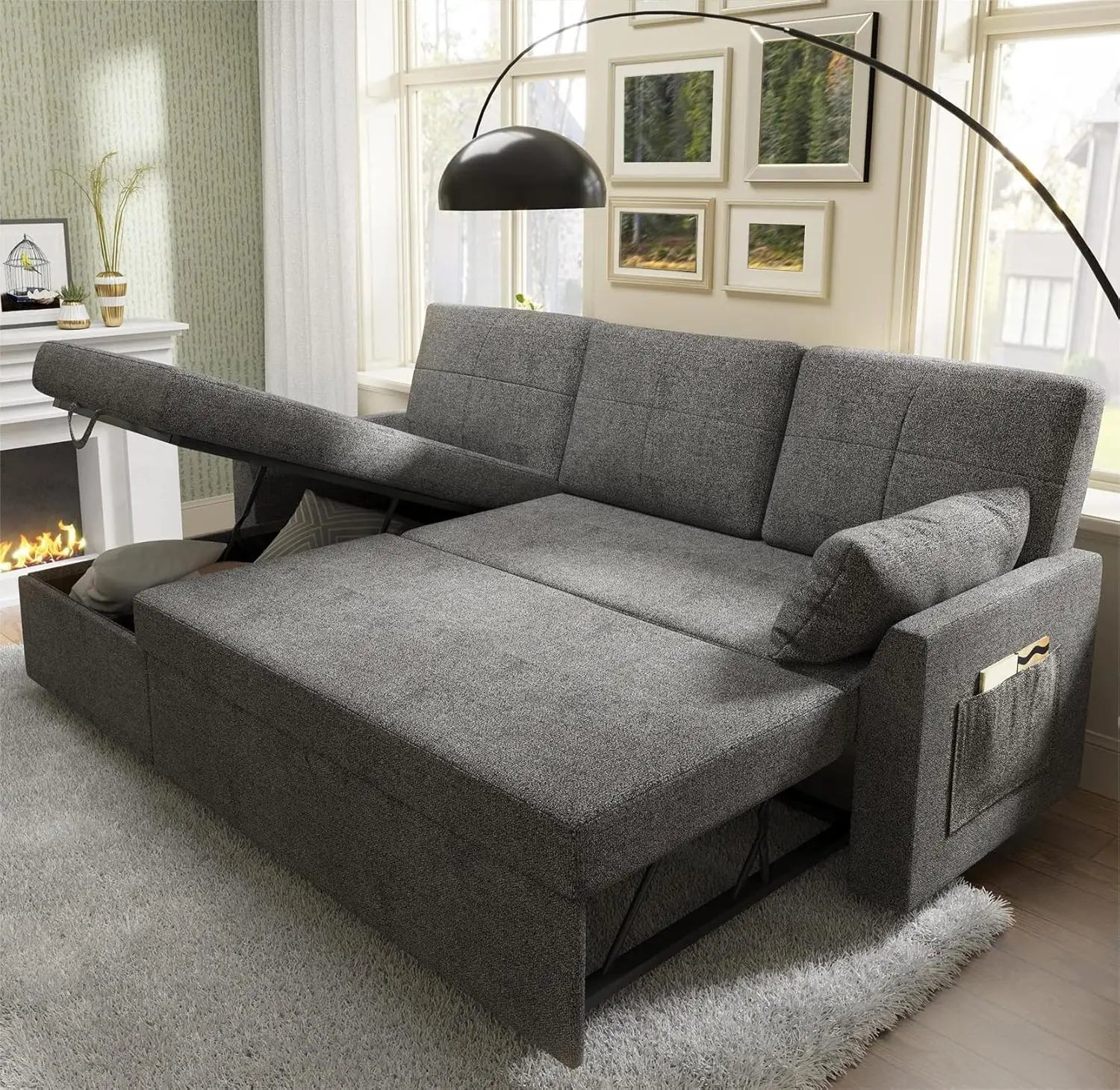Chaise longue con espacio de almacenaje para sala de estar, sofá cama con cama extraíble, sofá de lino gris
