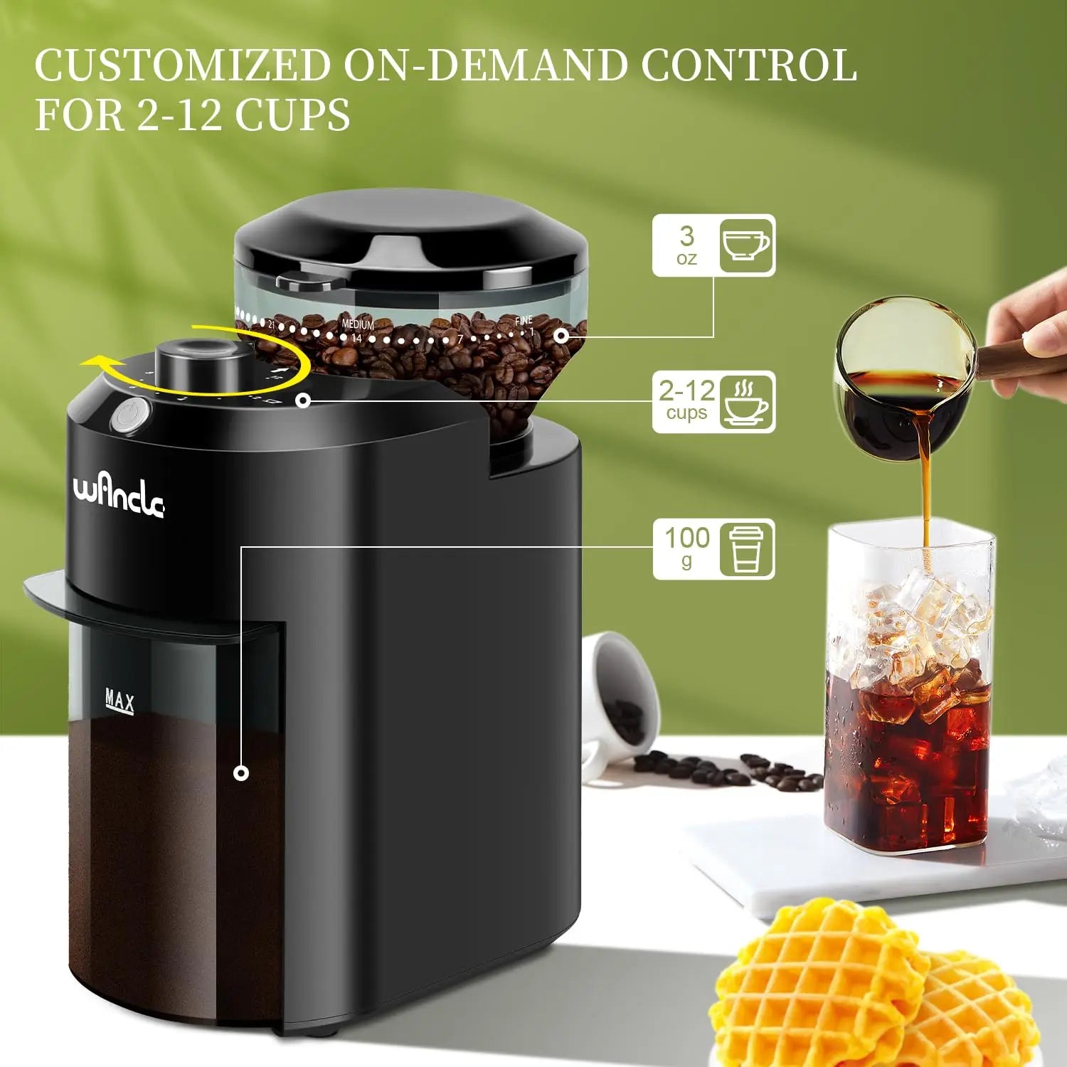 Wancle Automatic Burr Mill Coffee Grinder with 28 Grind Settings Electric Coffee Bean Grinding for Espresso Frech Press 2-12 Cup