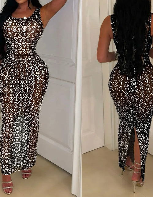 Bild in Galerie-Viewer laden, Damenkleid mit Strasssteinen, lang, durchsichtig, Netzkleid
