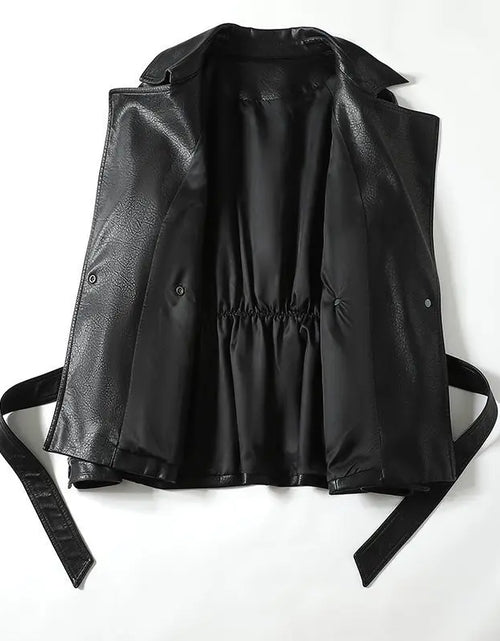 Bild in Galerie-Viewer laden, Modische Echtlederjacke für Damen Taillengebunden Lockere Version Frühling Herbst Schwarz Braun Lässig Stilvoll Ästhetik
