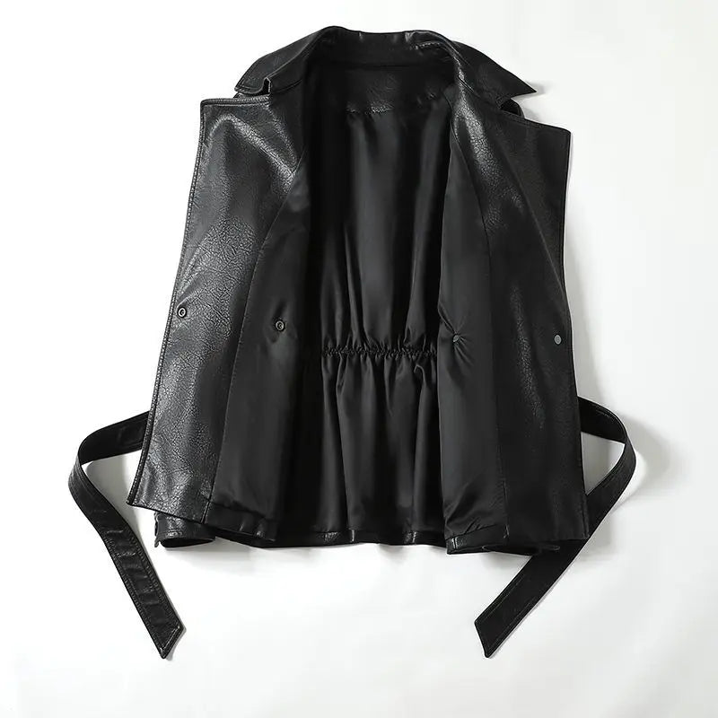 Modische Echtlederjacke für Damen Taillengebunden Lockere Version Frühling Herbst Schwarz Braun Lässig Stilvoll Ästhetik