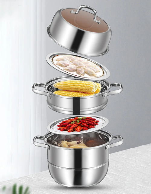 Load image into Gallery viewer, 11inch 3 Tier Food Steamer Pot Stainless Steel Soup Steam Pot Universal Cooking Pots for Induction Cooker Gas Stove Steam
