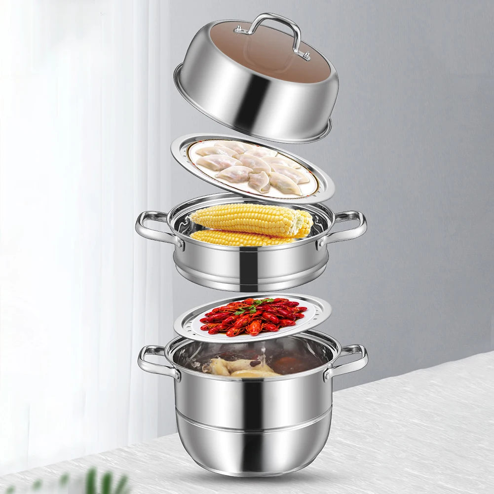 11inch 3 Tier Food Steamer Pot Stainless Steel Soup Steam Pot Universal Cooking Pots for Induction Cooker Gas Stove Steam