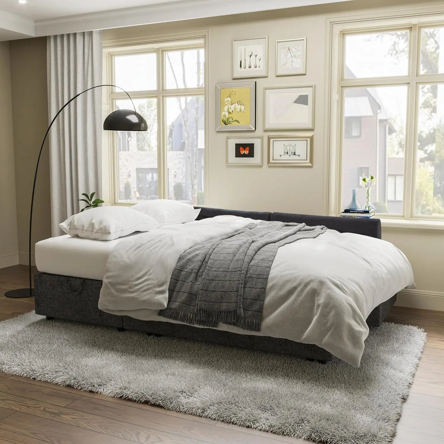 Chaise longue con espacio de almacenaje para sala de estar, sofá cama con cama extraíble, sofá de lino gris