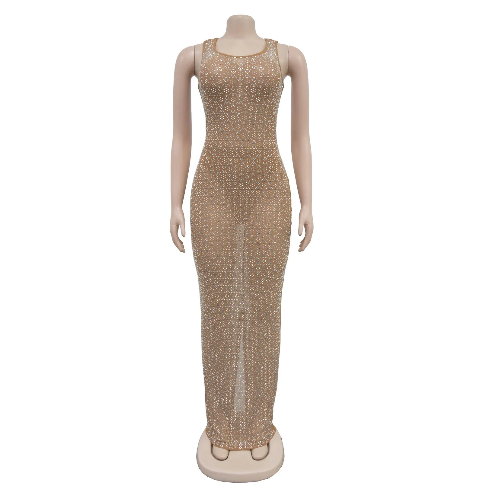Damenkleid mit Strasssteinen, lang, durchsichtig, Netzkleid