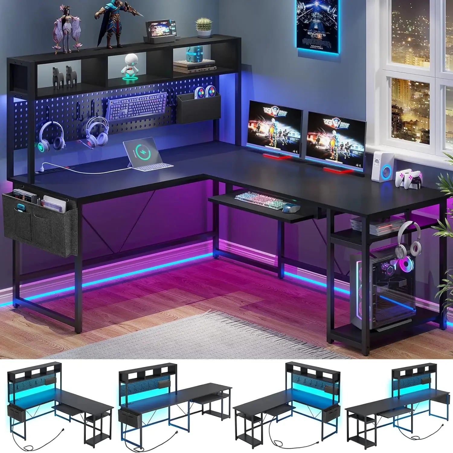 Escritorio para juegos en forma de L, escritorio reversible para computadora con toma de corriente y tablero perforado, escritorio para juegos con luces LED