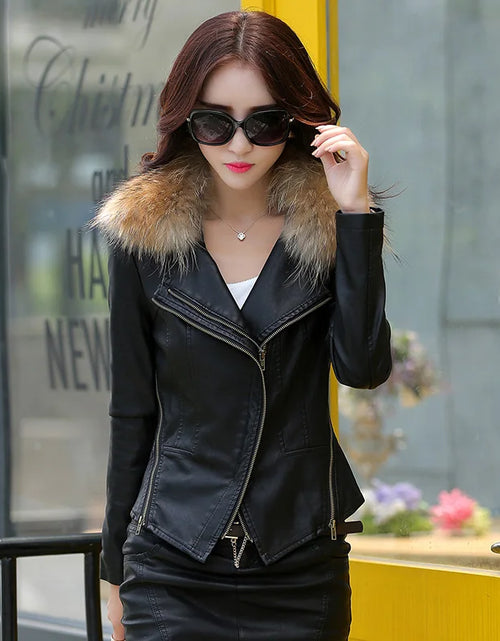Load image into Gallery viewer, Women Sheep Leather Jacket Biker Coat Spring Autumn Fashion Real Mink Fur Collar Motorcycle Coat Slim Short Outerwear Female
