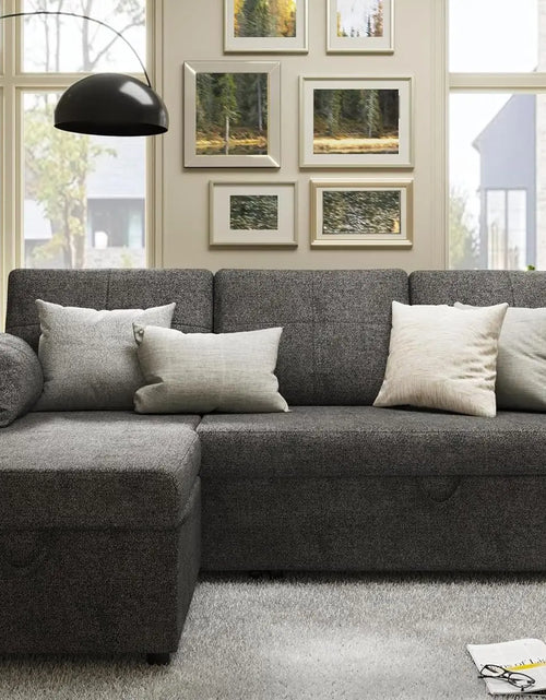 Cargar imagen en el visor de la galería, Chaise longue con espacio de almacenaje para sala de estar, sofá cama con cama extraíble, sofá de lino gris
