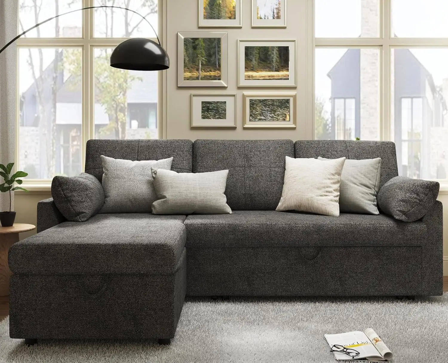 Chaise longue con espacio de almacenaje para sala de estar, sofá cama con cama extraíble, sofá de lino gris