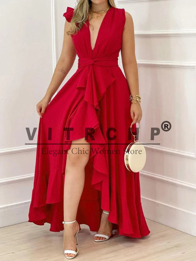 Sleeveless Pleated V-neck Long Dress