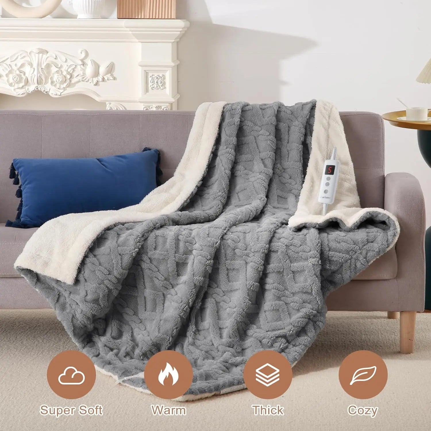 Heated Throw Blanket - Thick Tufted Sherpa Electric Blanket Throw with 10 Heating Levels and 10 Time Settings, Washable 50"×60"
