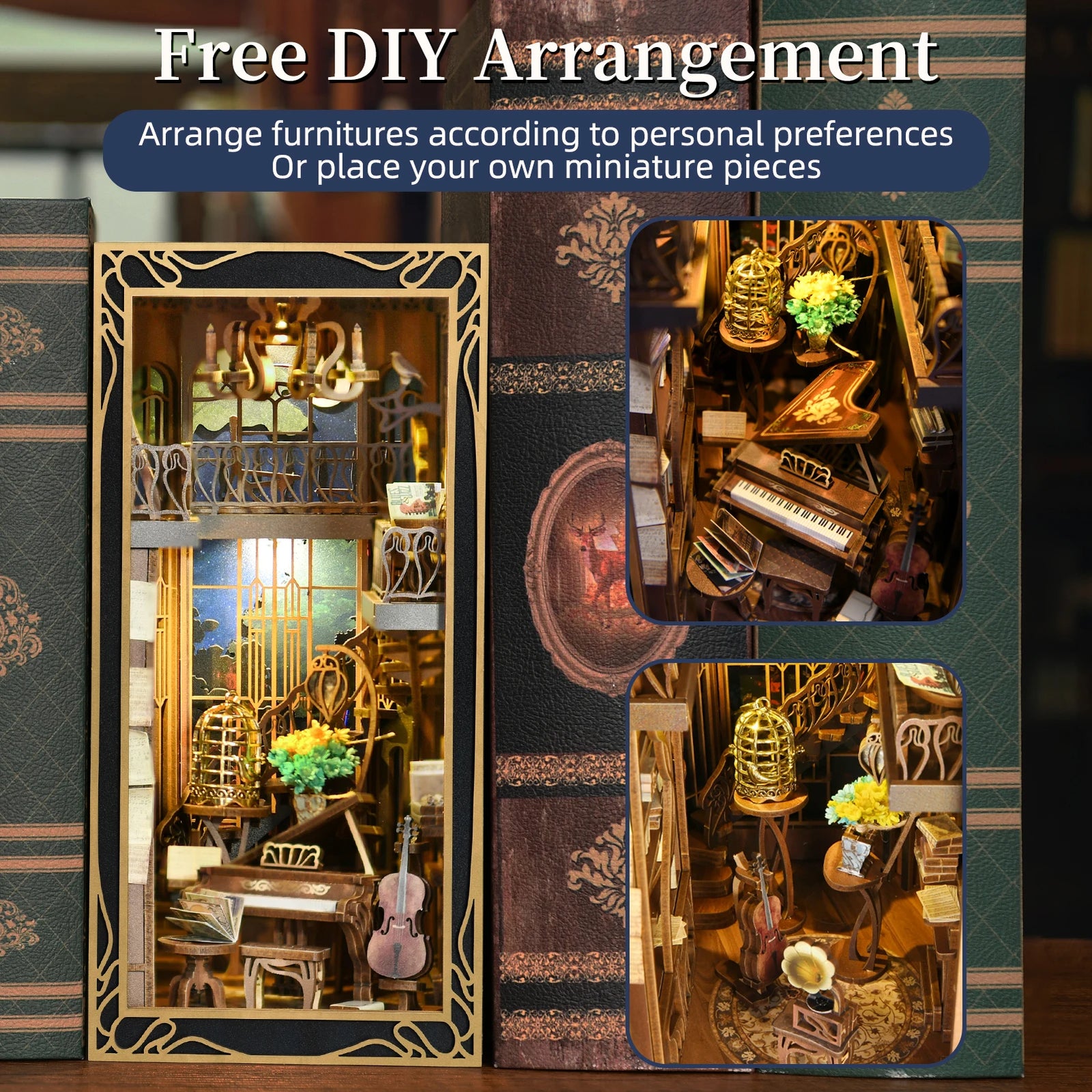 DIY Book Nook Kit, Miniature Dollhouse Booknook Kit, 3D Wooden Puzzle Bookend Bookshelf Insert Decor with LED Light for Teens an