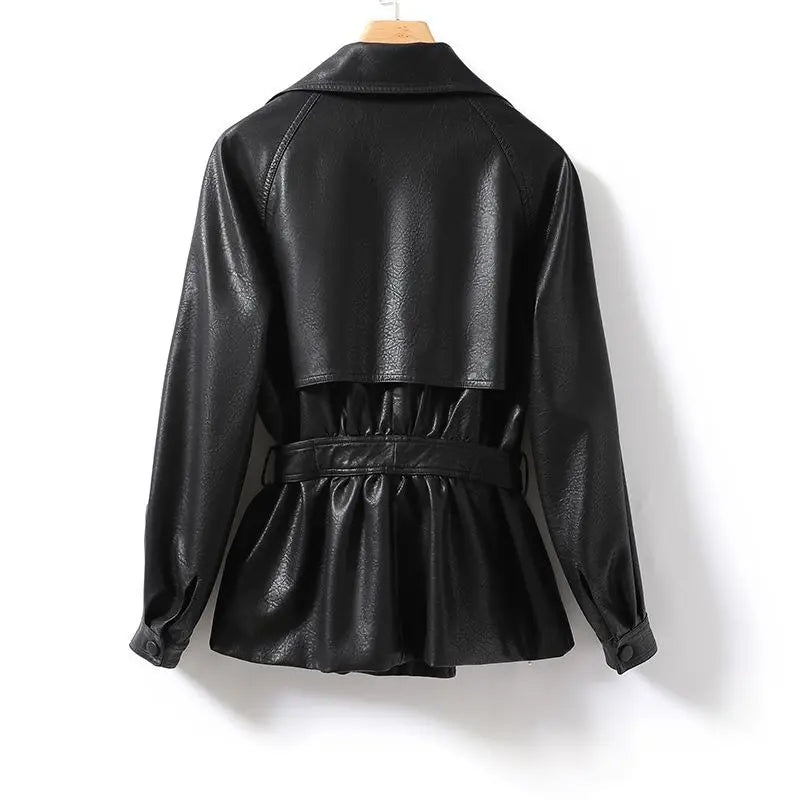 Modische Echtlederjacke für Damen Taillengebunden Lockere Version Frühling Herbst Schwarz Braun Lässig Stilvoll Ästhetik