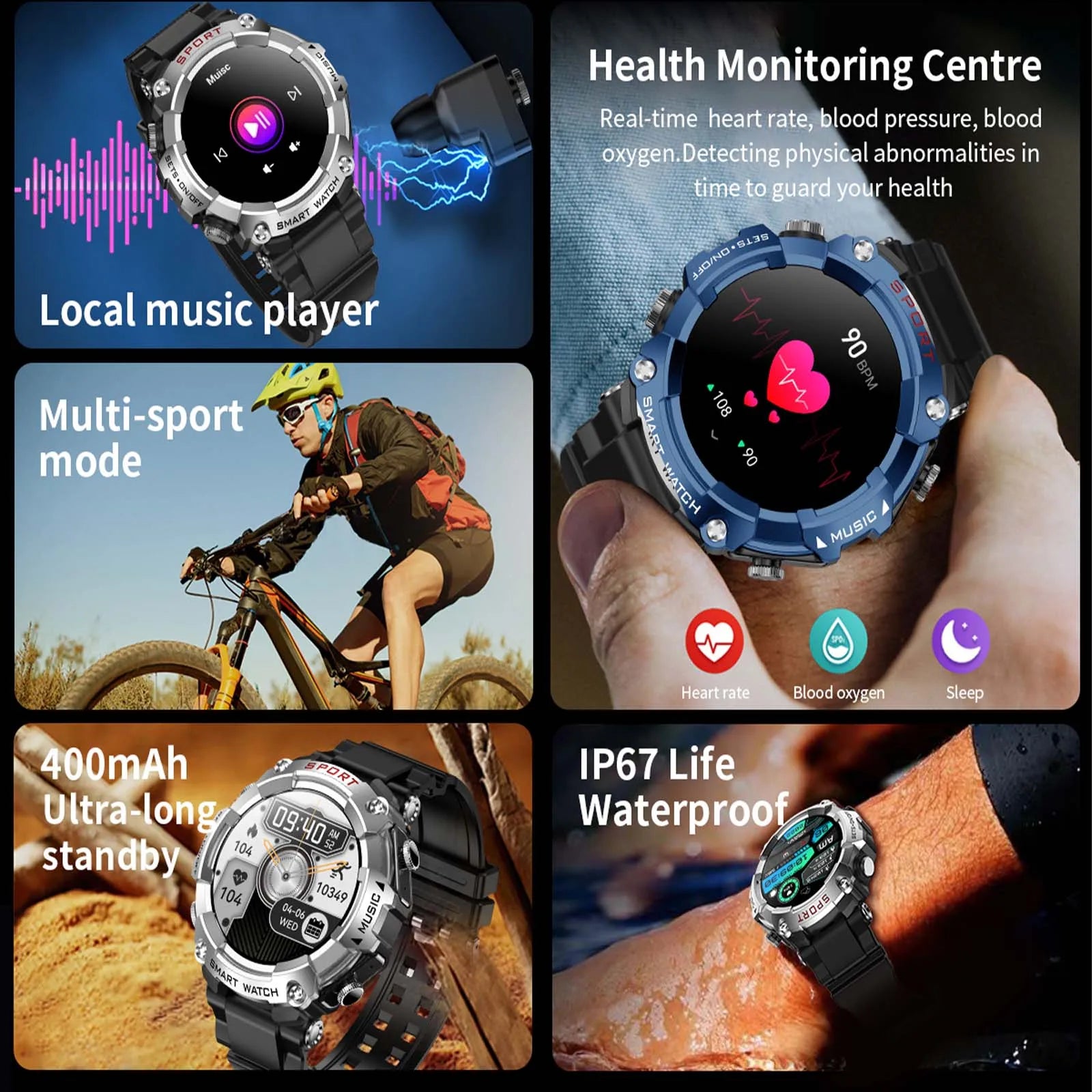 EIGIIS Smart Watch AMOLED-Display mit In-Ear-Bluetooth-Headset, Überwachung der Herzfrequenz, des Blutdrucks und der Sauerstoffsättigung, HD-Audio