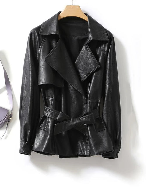 Bild in Galerie-Viewer laden, Modische Echtlederjacke für Damen Taillengebunden Lockere Version Frühling Herbst Schwarz Braun Lässig Stilvoll Ästhetik
