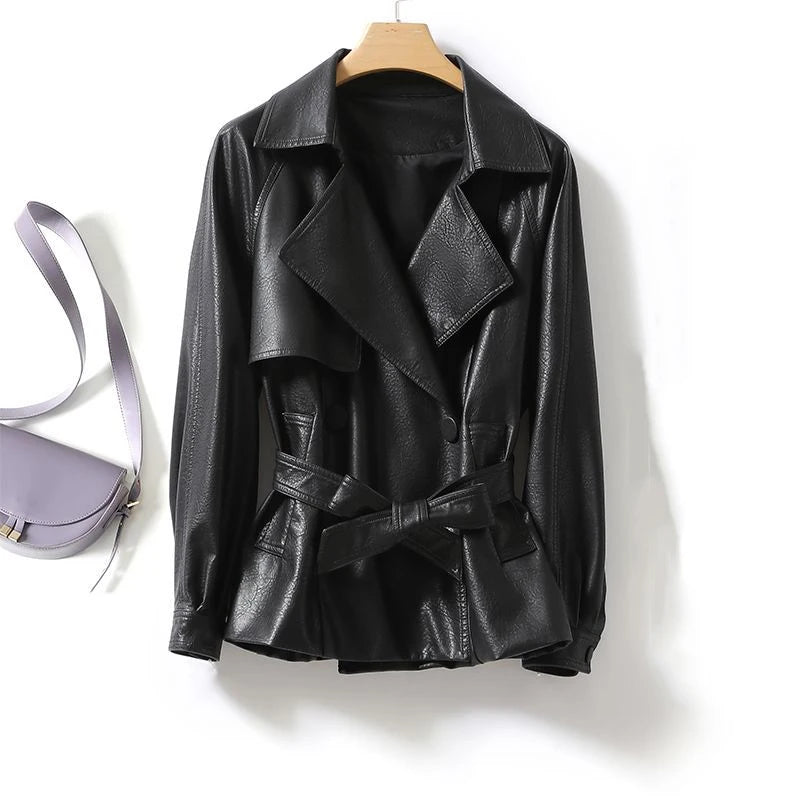 Modische Echtlederjacke für Damen Taillengebunden Lockere Version Frühling Herbst Schwarz Braun Lässig Stilvoll Ästhetik