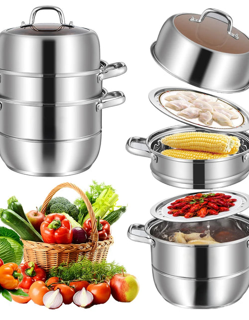 Load image into Gallery viewer, 11inch 3 Tier Food Steamer Pot Stainless Steel Soup Steam Pot Universal Cooking Pots for Induction Cooker Gas Stove Steam
