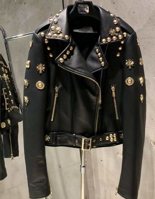 Load image into Gallery viewer, Leather Jacket Rivet High Street Ladies Autumn and Spring Fashion Wear Genuine Sheepskin Jacket 5860
