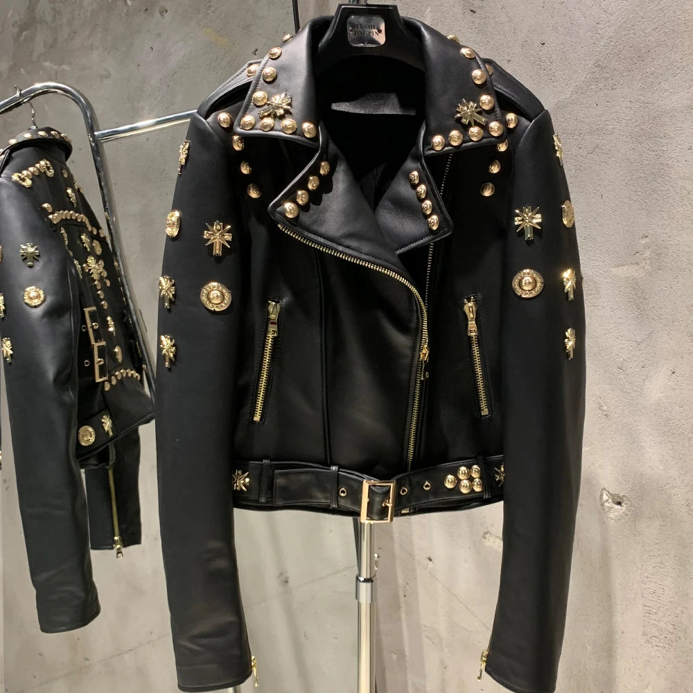 Leather Jacket Rivet High Street Ladies Autumn and Spring Fashion Wear Genuine Sheepskin Jacket 5860
