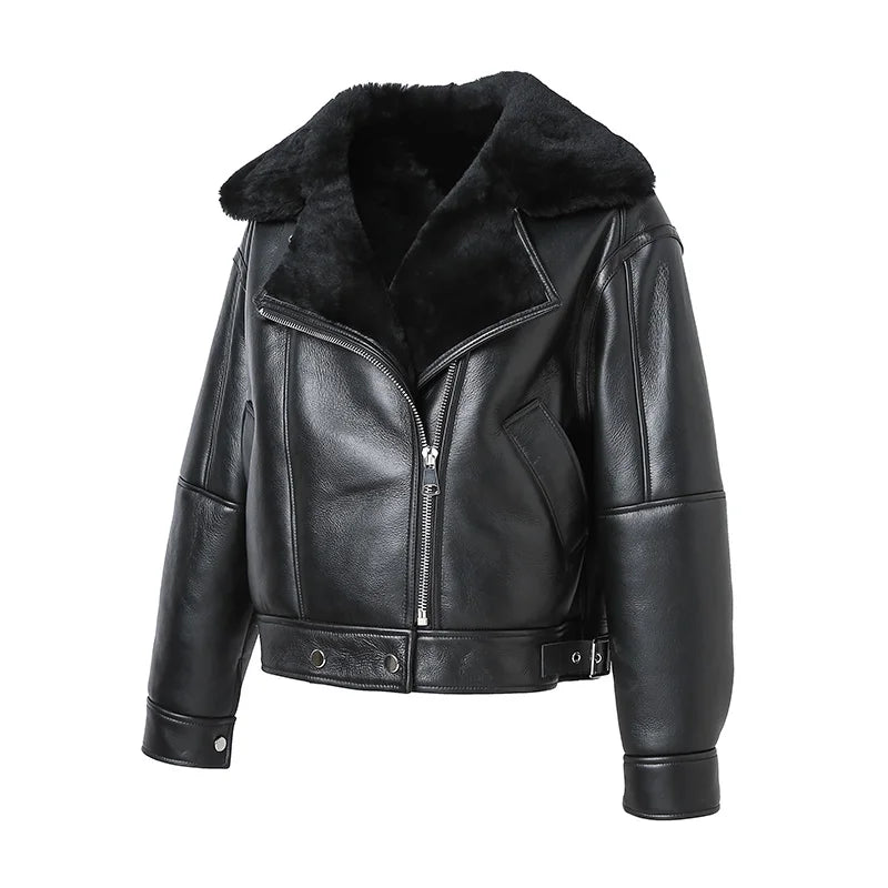Hochwertige Lammfelljacke Damenmode Schaffell Leder Echtwolle gefüttert Dicker warmer Wintermantel