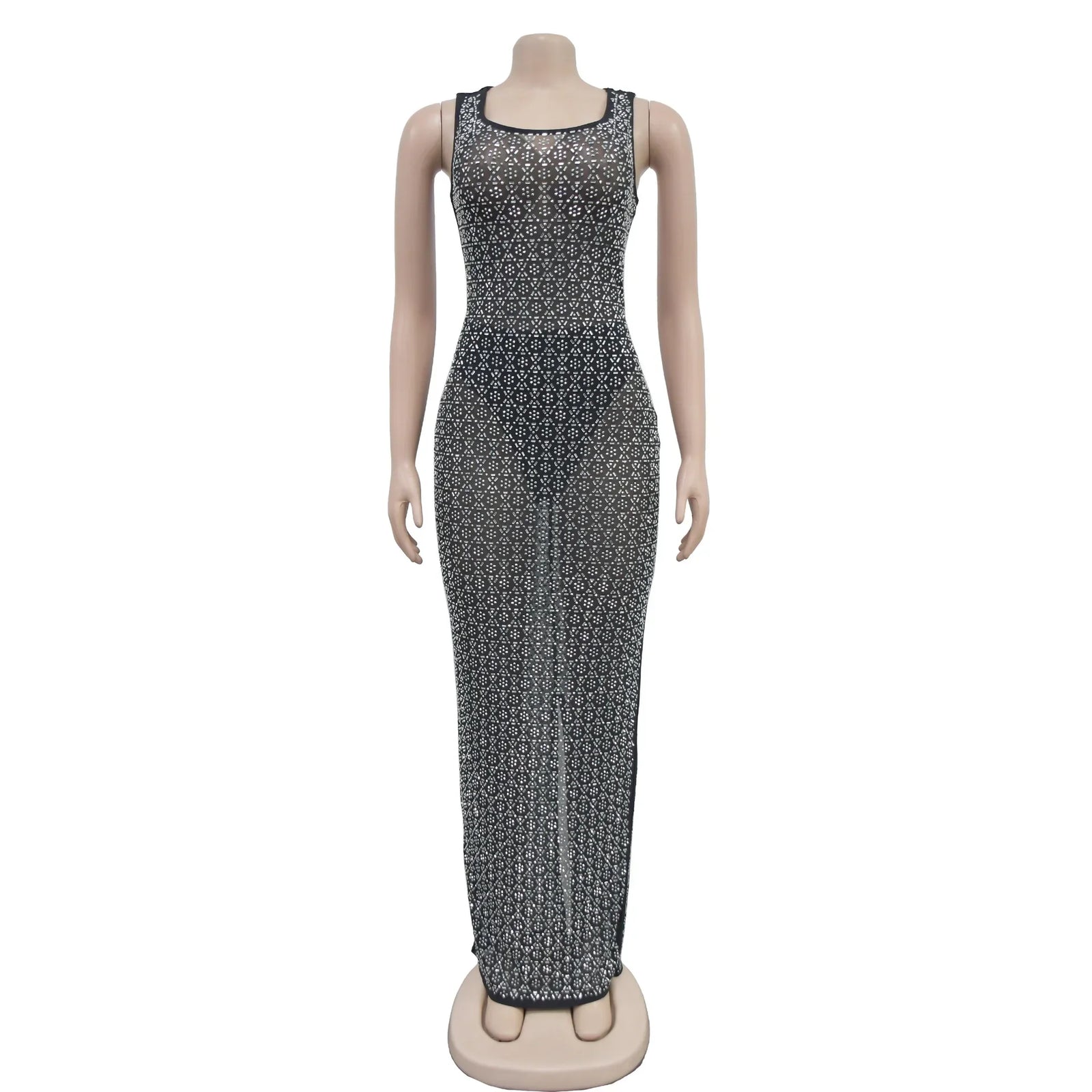 Damenkleid mit Strasssteinen, lang, durchsichtig, Netzkleid