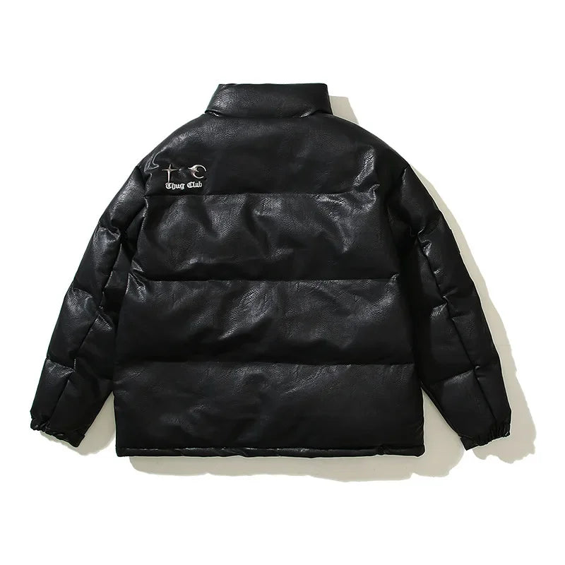 Koreanischer Nichethug-Metall-Pu-Ledermantel mit heller Oberfläche, verdickter Stehkragen, Reißverschluss, Hip-Hop-Pufferjacke, warme Jacke